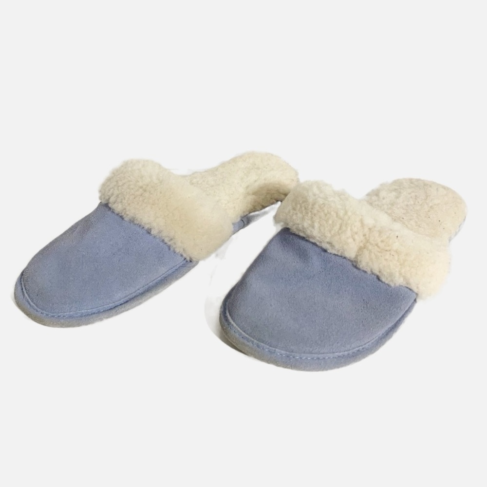 Staheekum Slip On Suede Leather Fur Lined Mule Slippers Memory Foam Light Blue